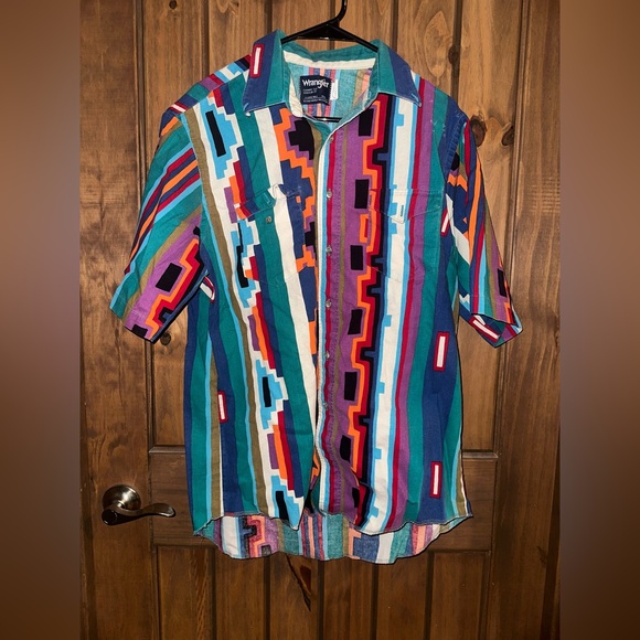 Wrangler Other - Vintage Wrangler Western Cowboy Aztec Short Sleeve Button Shirt Mens size 16 1/2